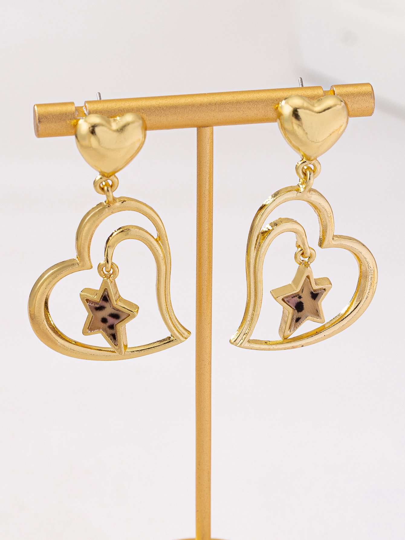 Heart and Star Dangle Earrings - Gold Tone, Casual Style.