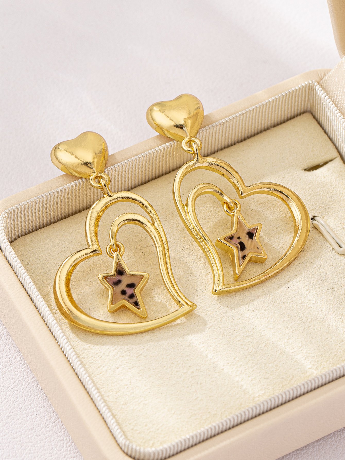 Heart and Star Dangle Earrings - Gold Tone, Casual Style.