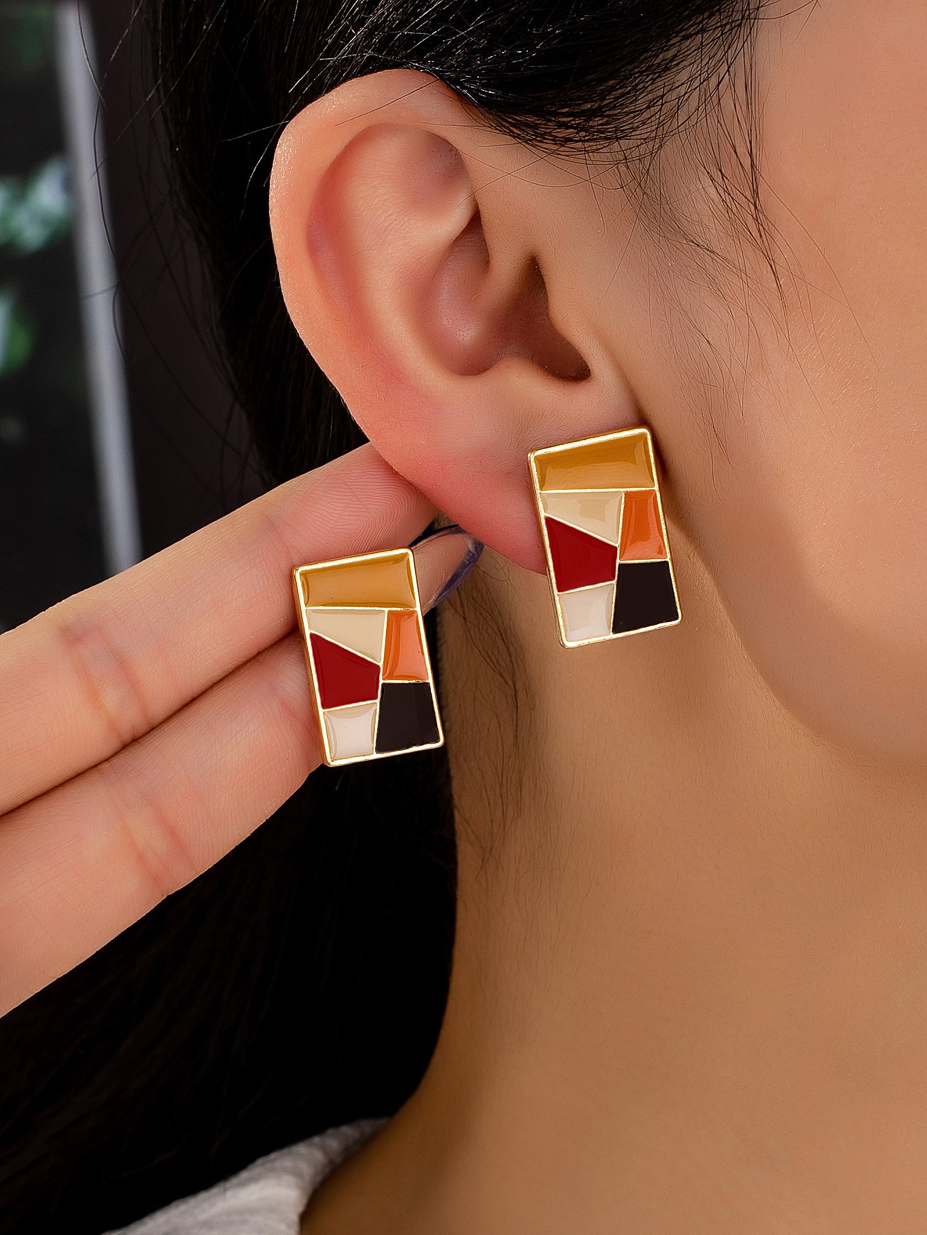 Geometric Enamel Stud Earrings - Multi-Color Design.