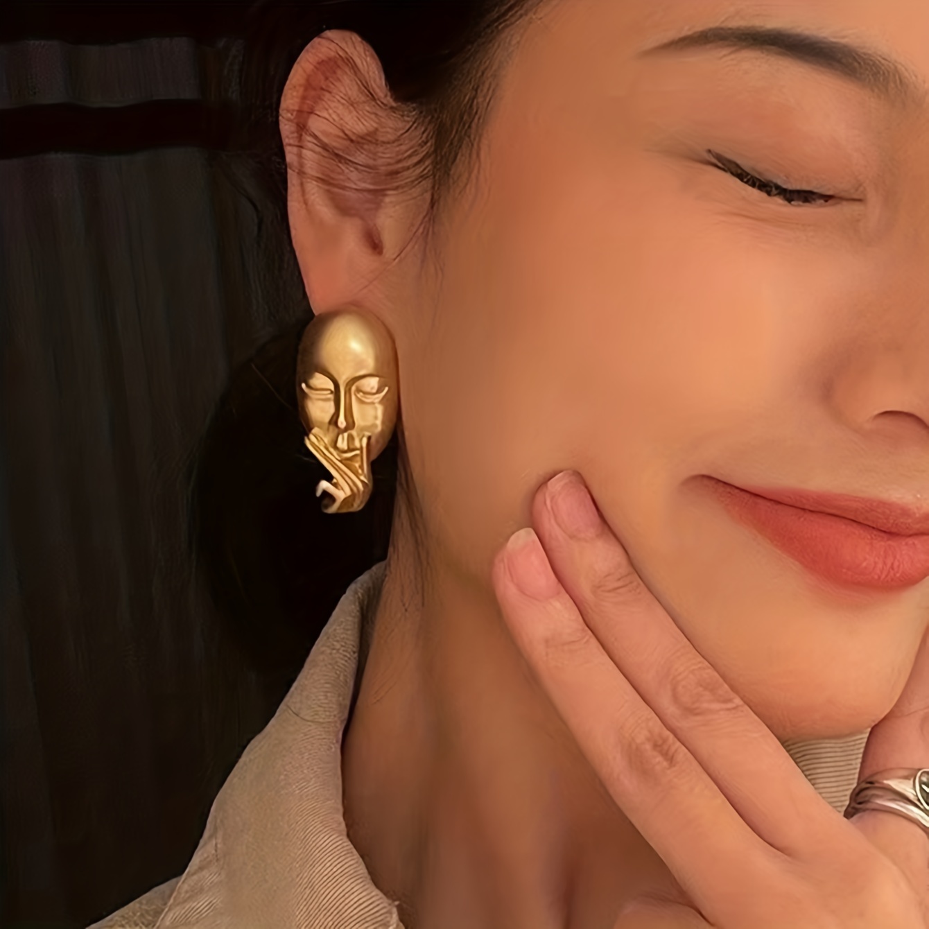 Gold Face Silhouette Stud Earrings for Women.