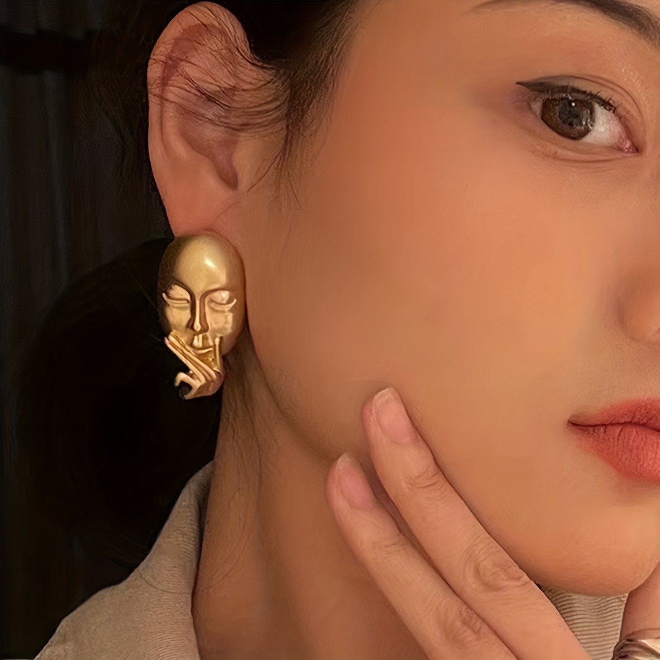 Gold Face Silhouette Stud Earrings for Women.