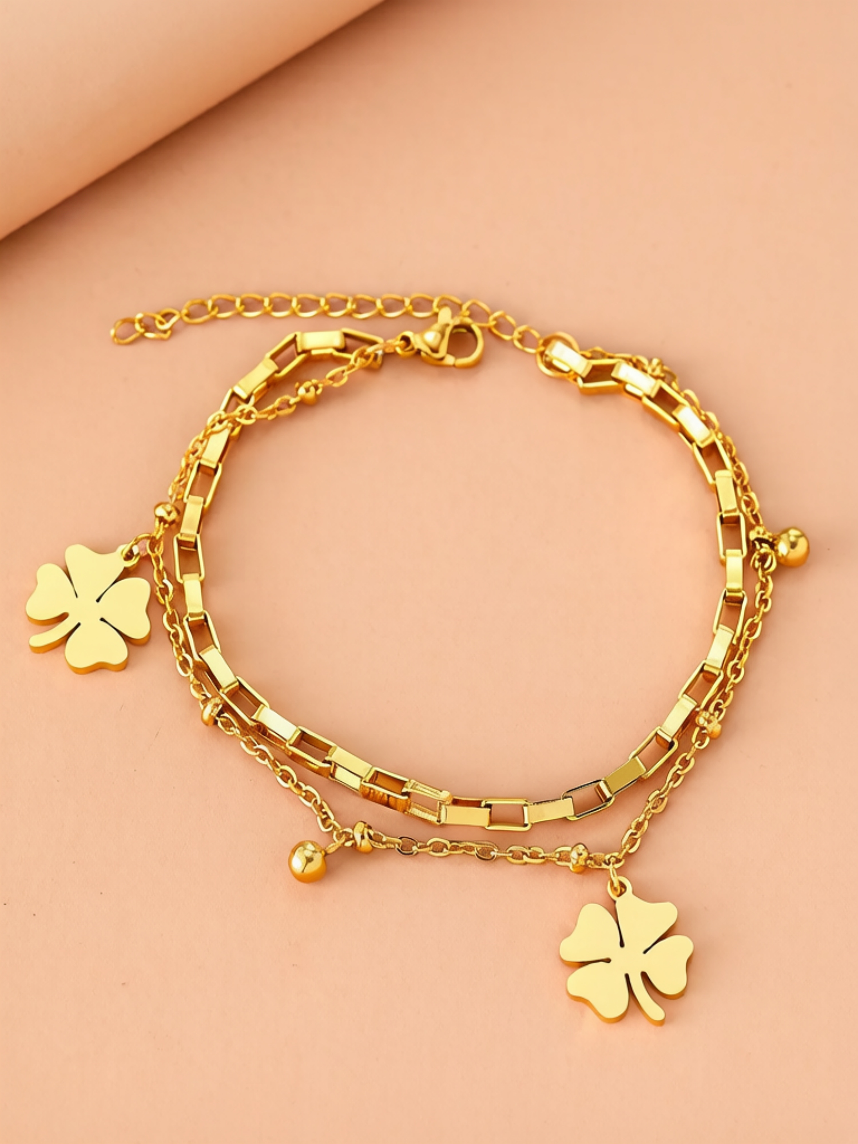 Golden Clover Charm Bracelet for Women - Casual Everyday Style.