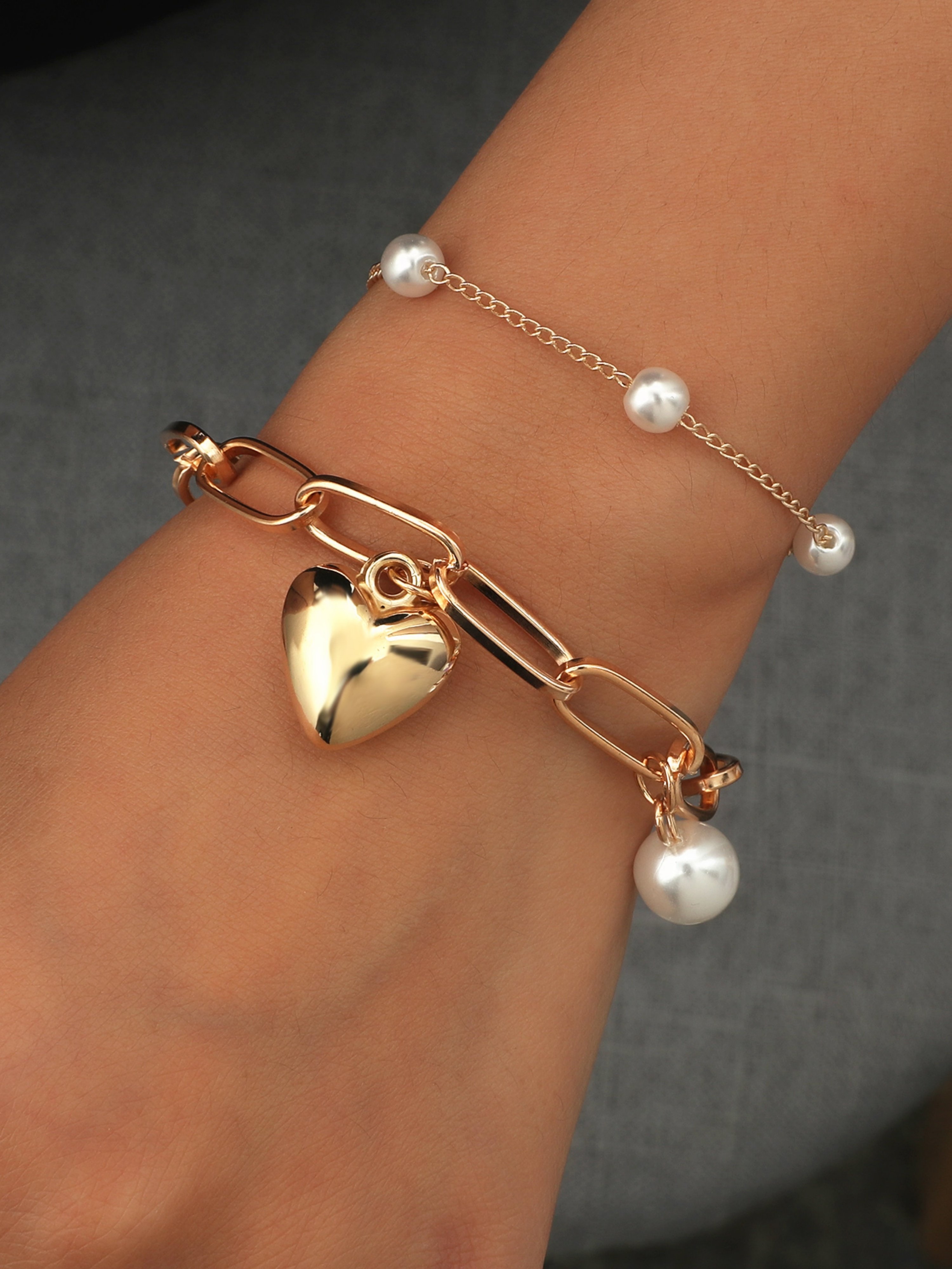 Gold Multistrand Pearl Heart Bracelet Set (Pack of 2).