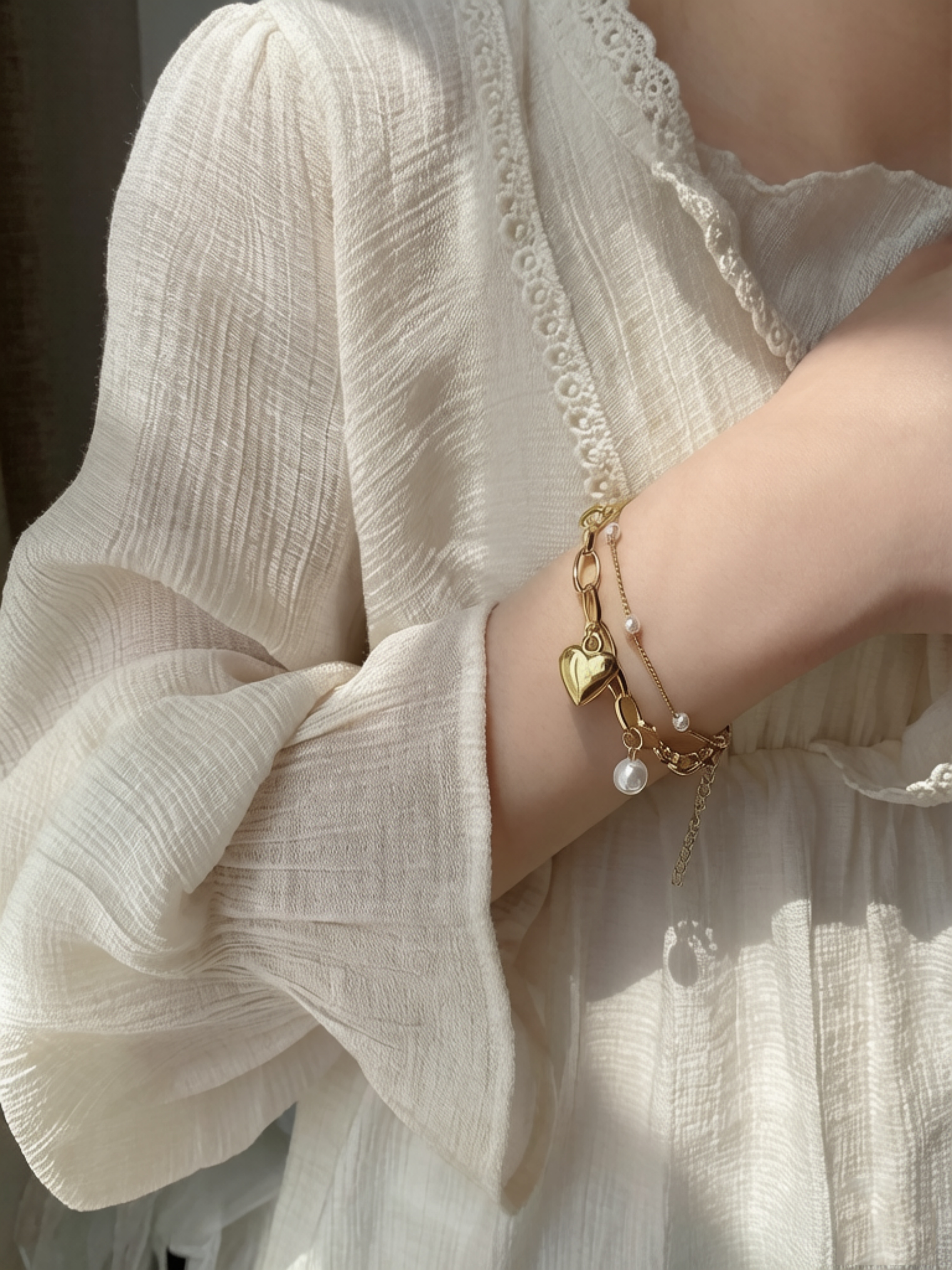 Gold Multistrand Pearl Heart Bracelet Set (Pack of 2).