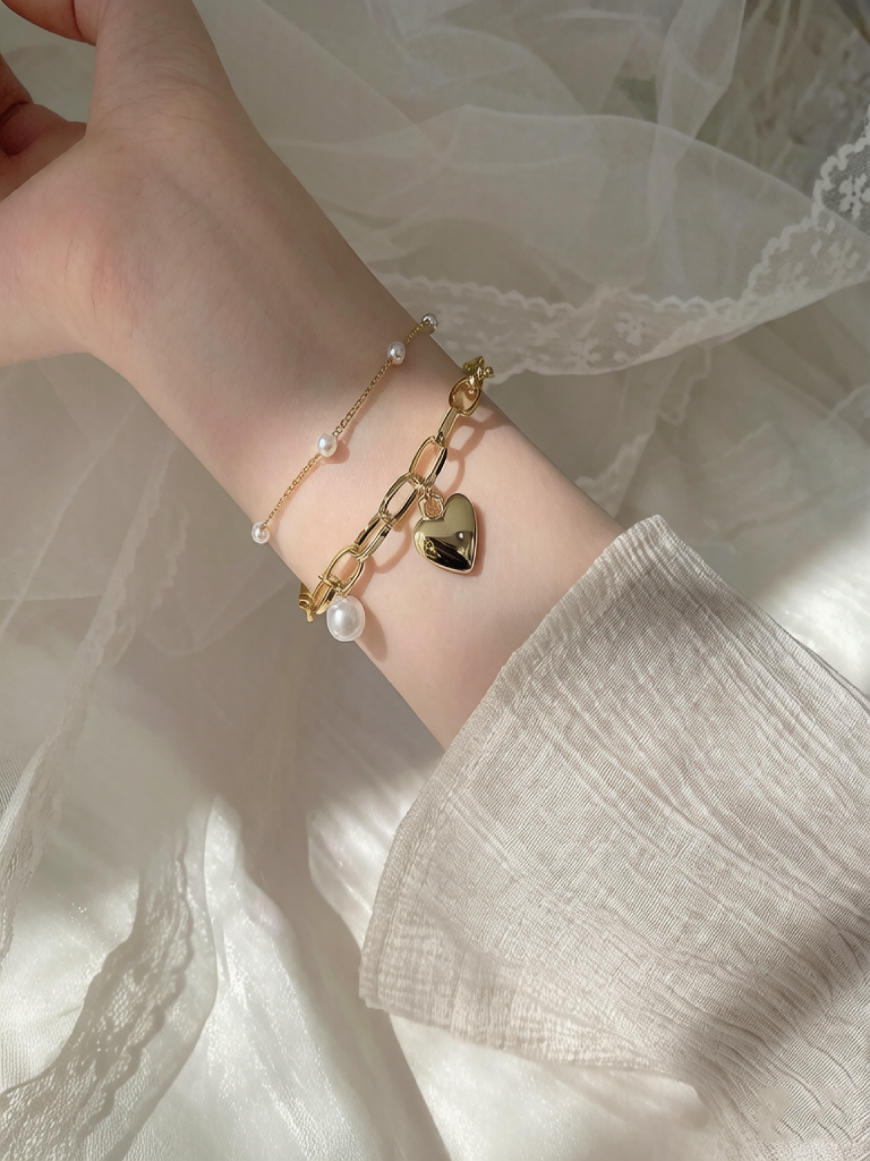 Gold Multistrand Pearl Heart Bracelet Set (Pack of 2).