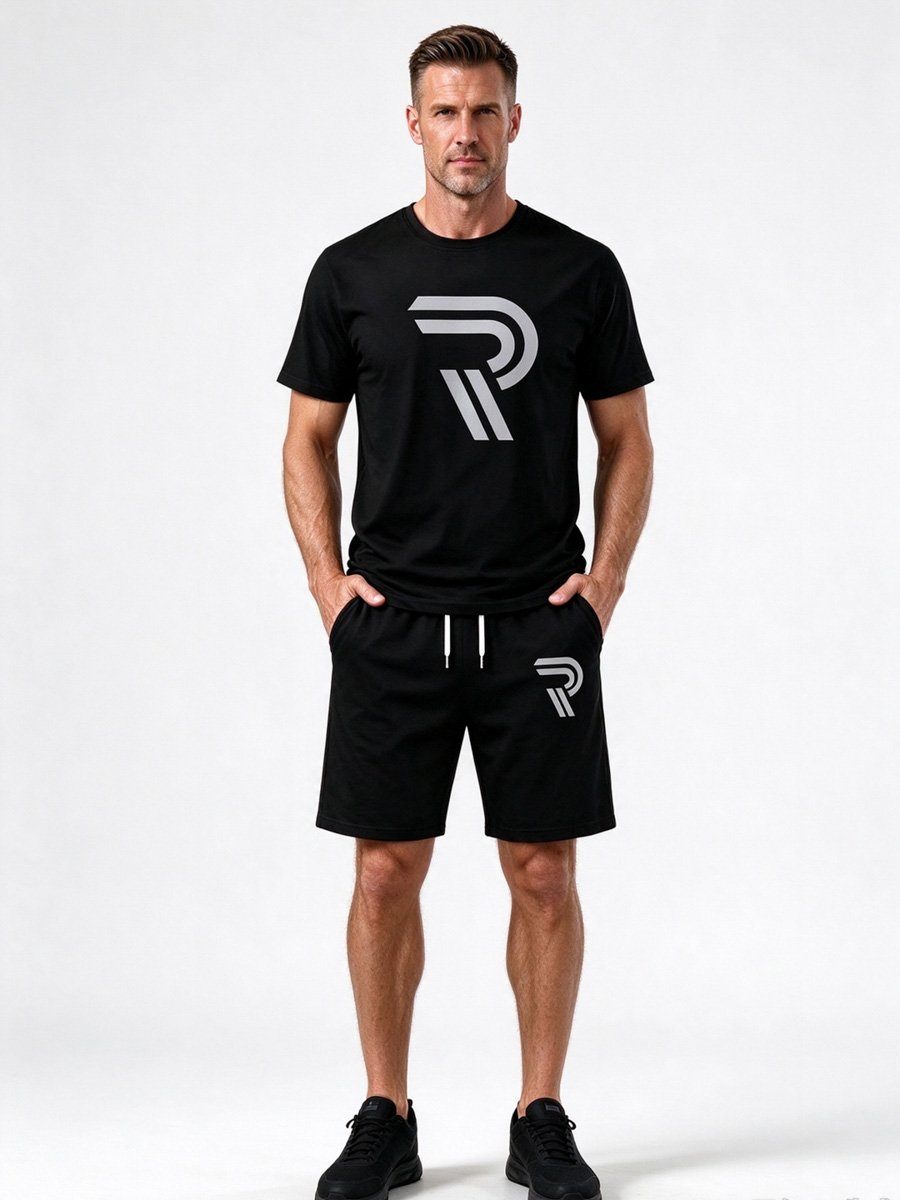 Men Black Printed Short Sleeve T-Shirt and Shorts Set