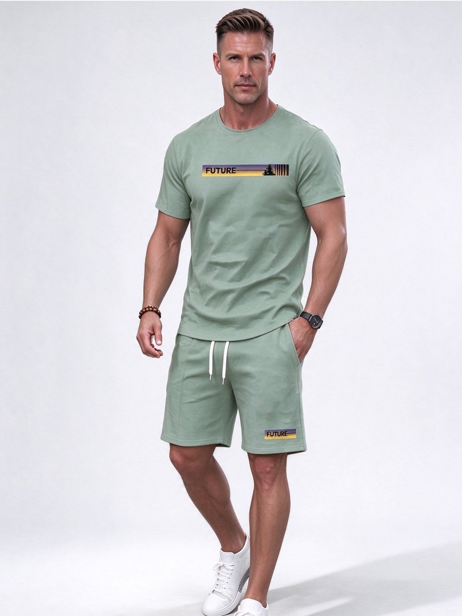 Men Green Printed Activewear Short Set