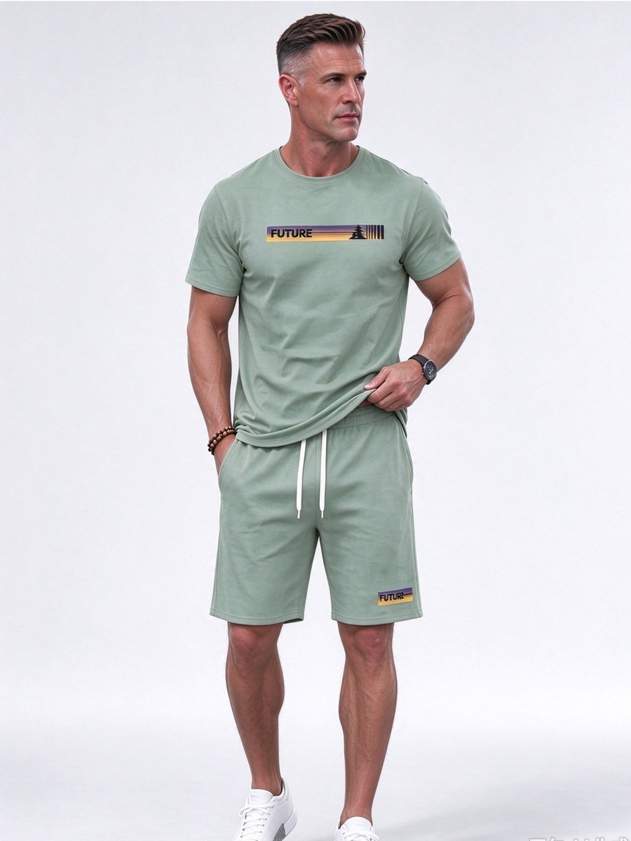 Men Green Printed Activewear Short Set