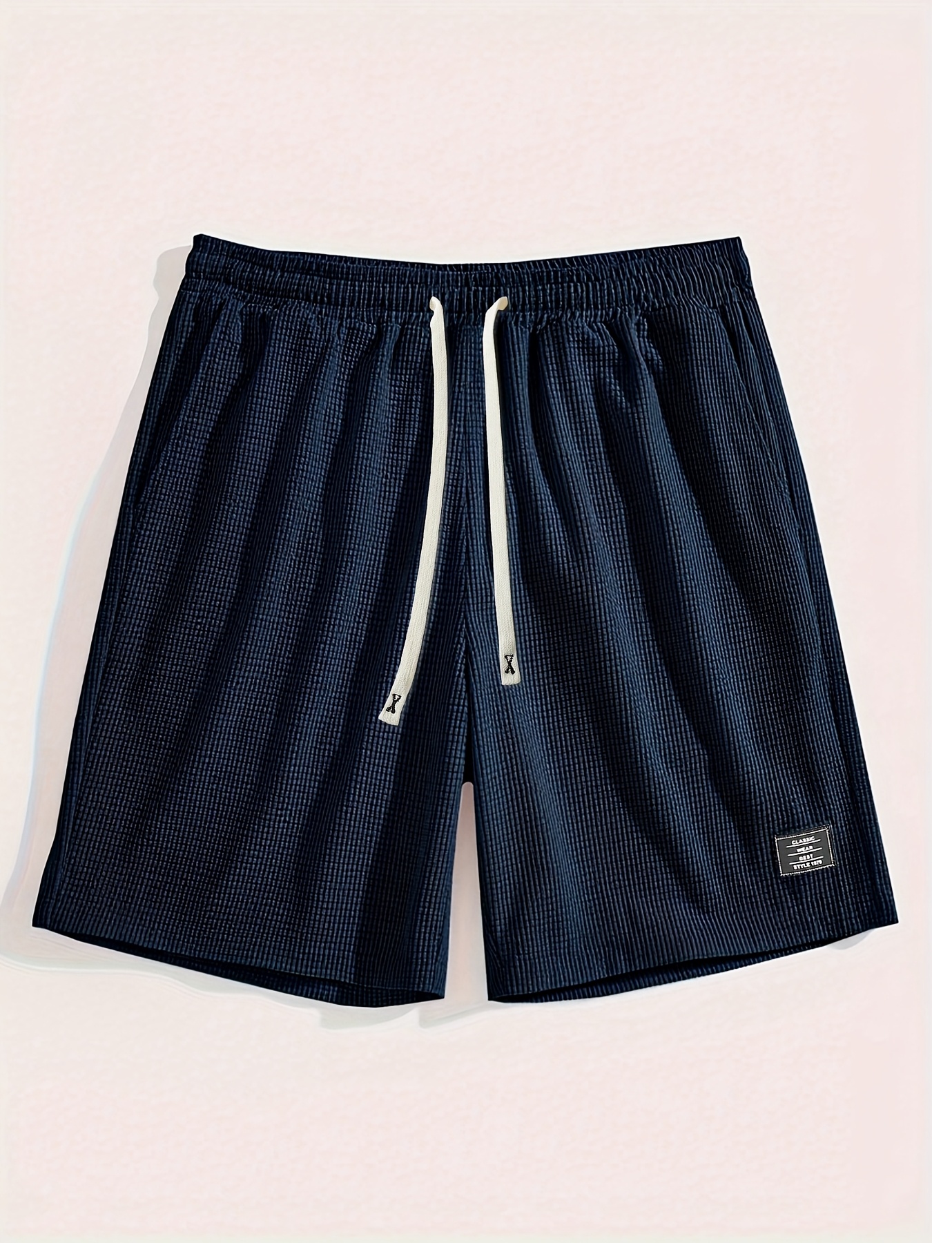 Navy Blue Waffle Texture Patchwork Detail Drawstring Shorts