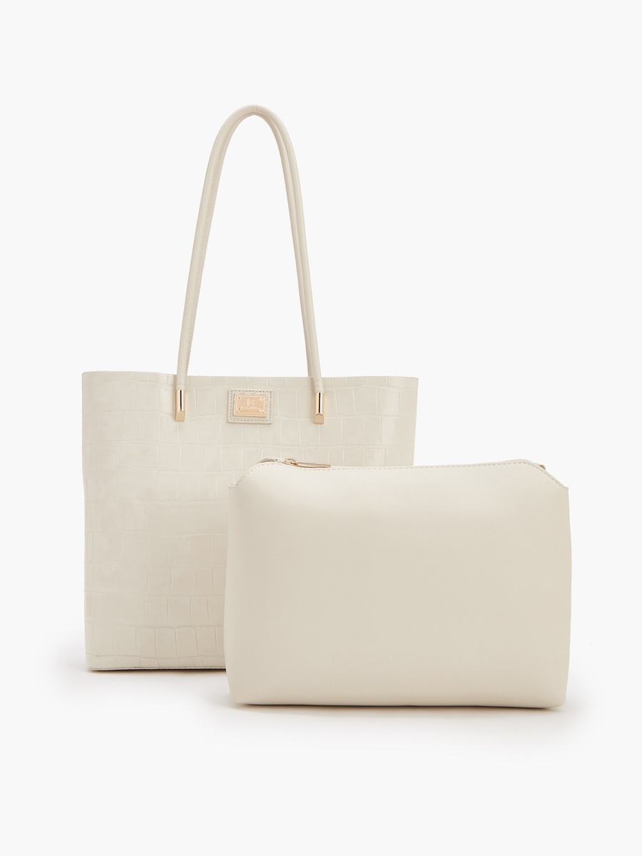 Textured Tote Bag with Ribbon Detail and Pouch