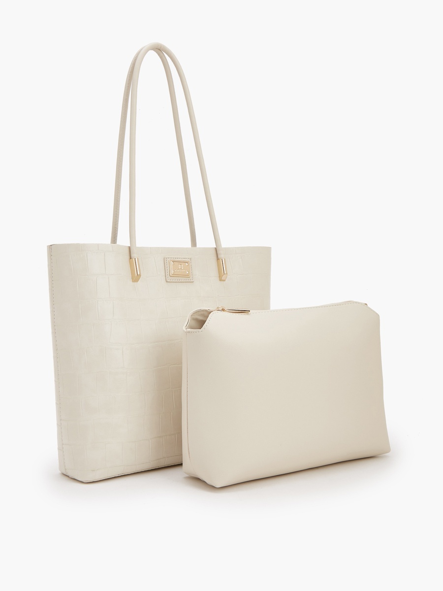 Textured Tote Bag with Ribbon Detail and Pouch