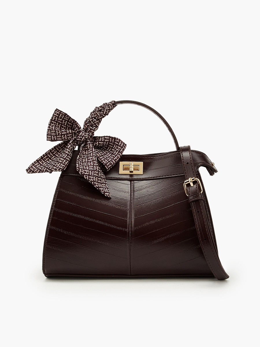 Textured Satchel Bag with Scarf Detail
