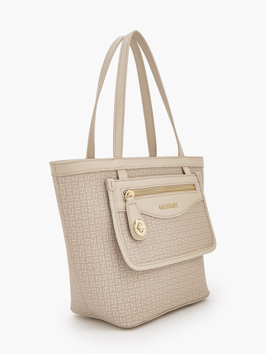 Monogram Print Tote Bag with Front Pocket
