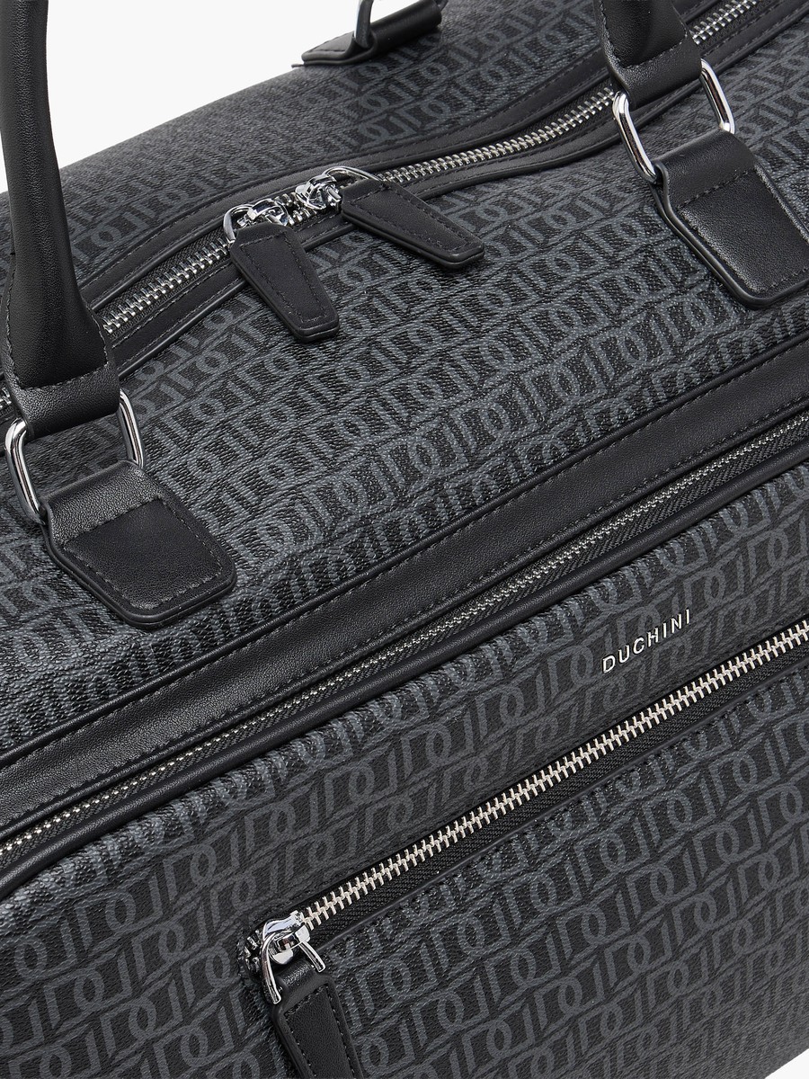 Monogram Print Duffle Bag with Zip Closure and Detachable Strap