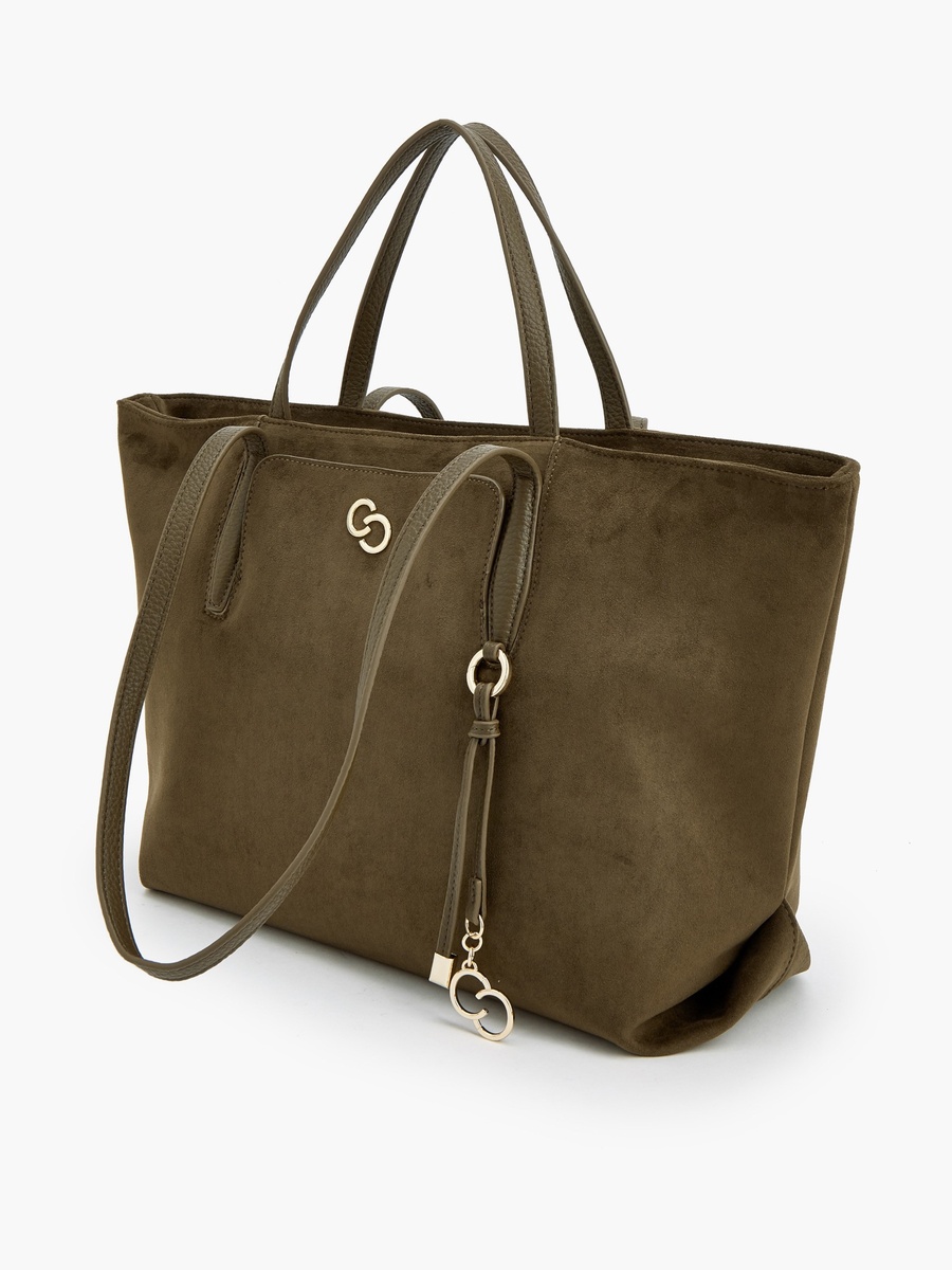 Suede Tote Bag with Metallic Charm
