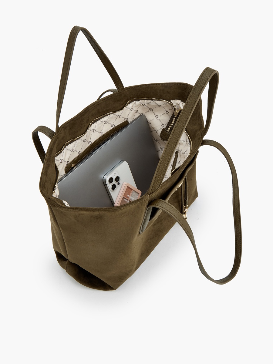Suede Tote Bag with Metallic Charm