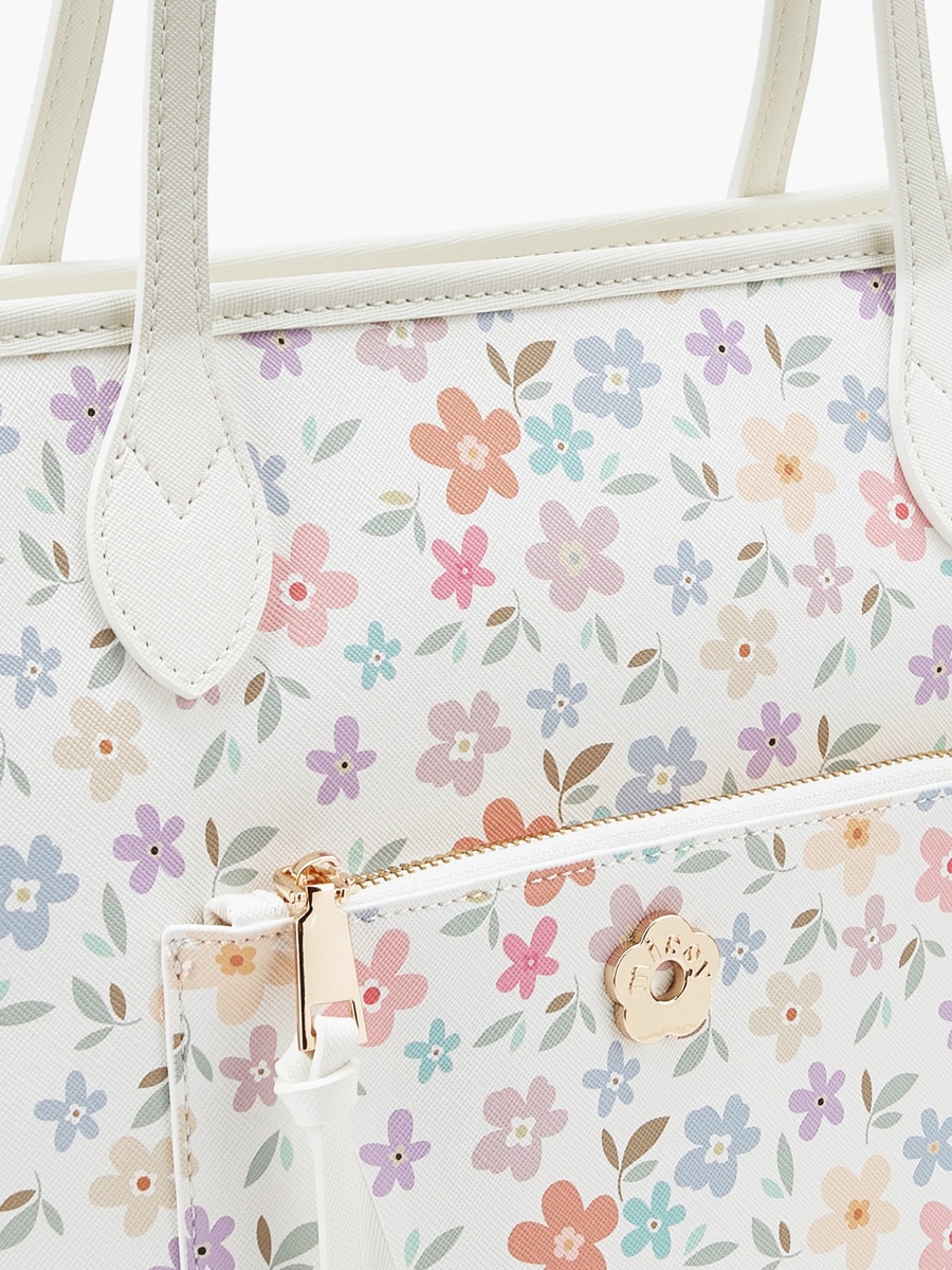 Floral Print Tote Bag with Double Handles and Zip Closure