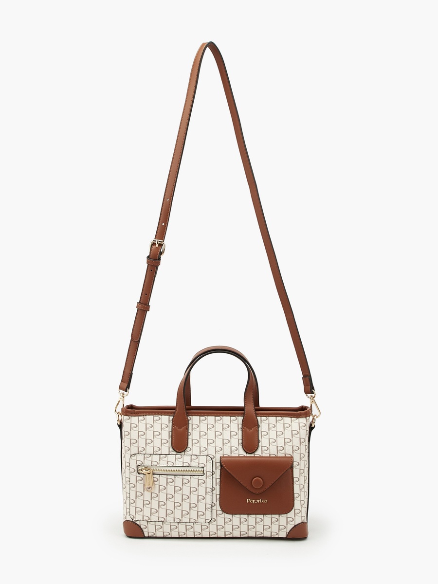 Monogram Print Tote Bag with Front Pockets
