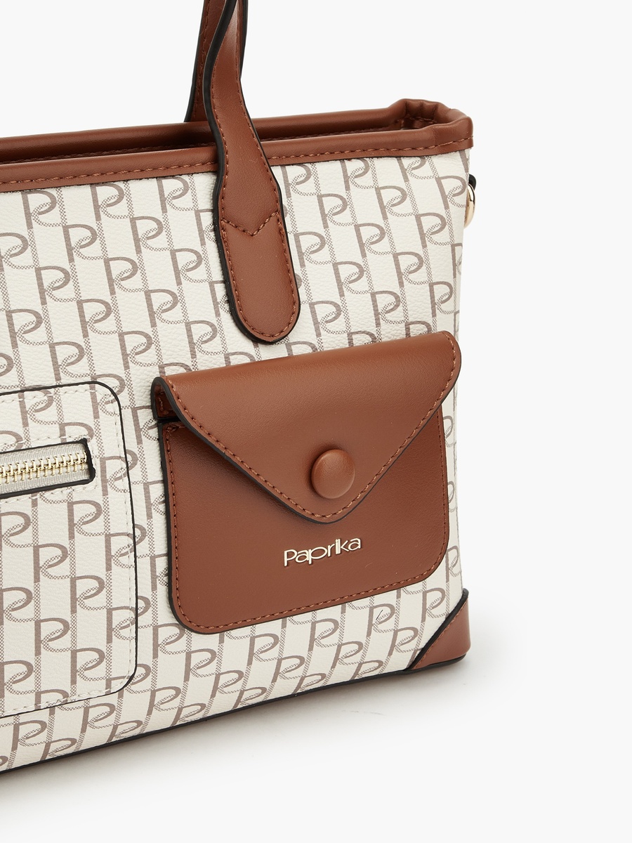 Monogram Print Tote Bag with Front Pockets
