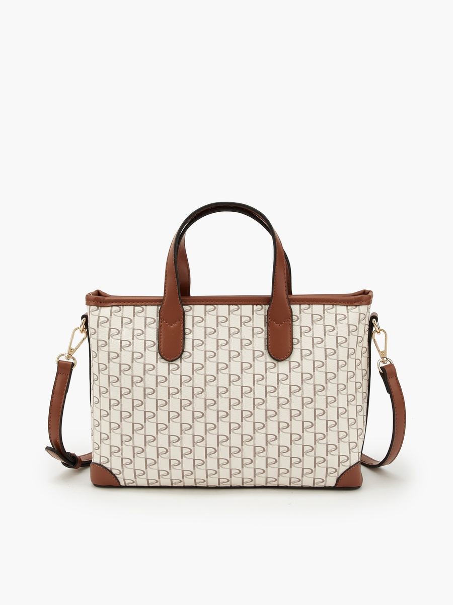 Monogram Print Tote Bag with Front Pockets