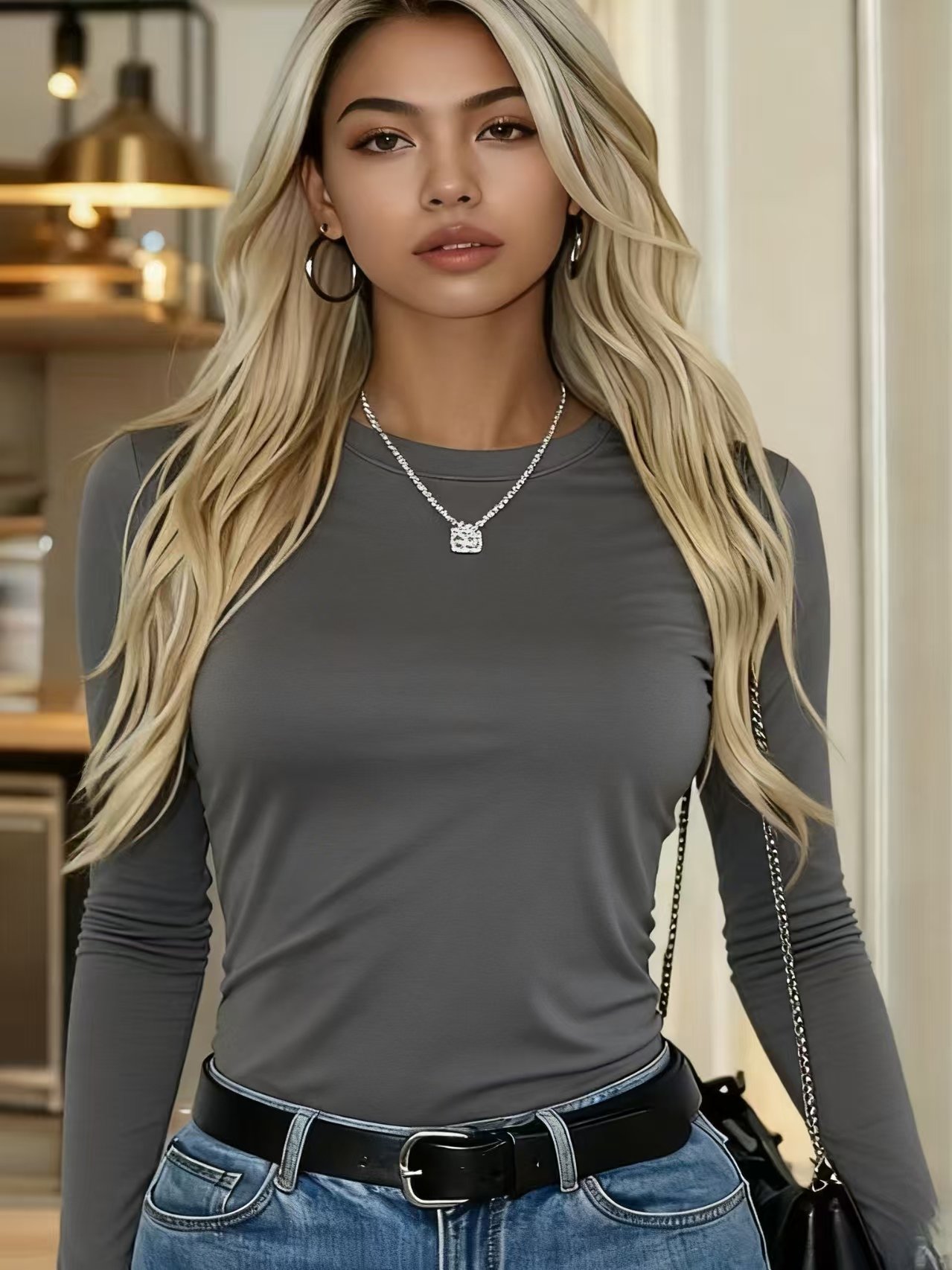 Charcoal Long Sleeve Round Neck T-Shirt