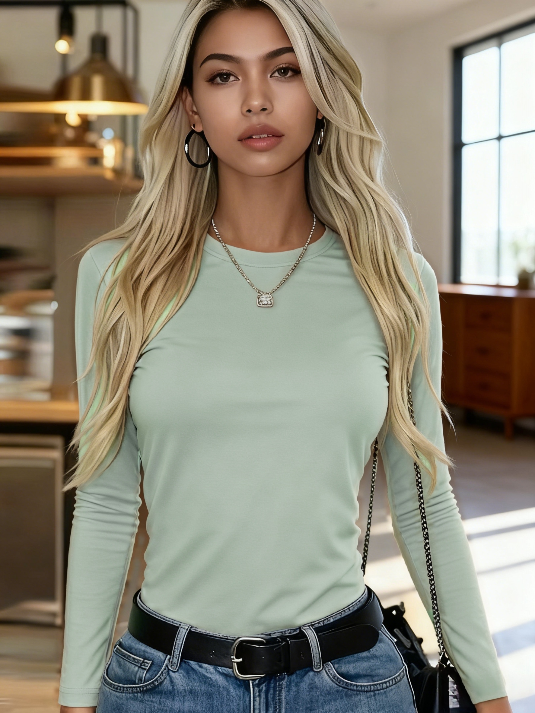 Green Solid Long Sleeve Round Neck T-Shirt