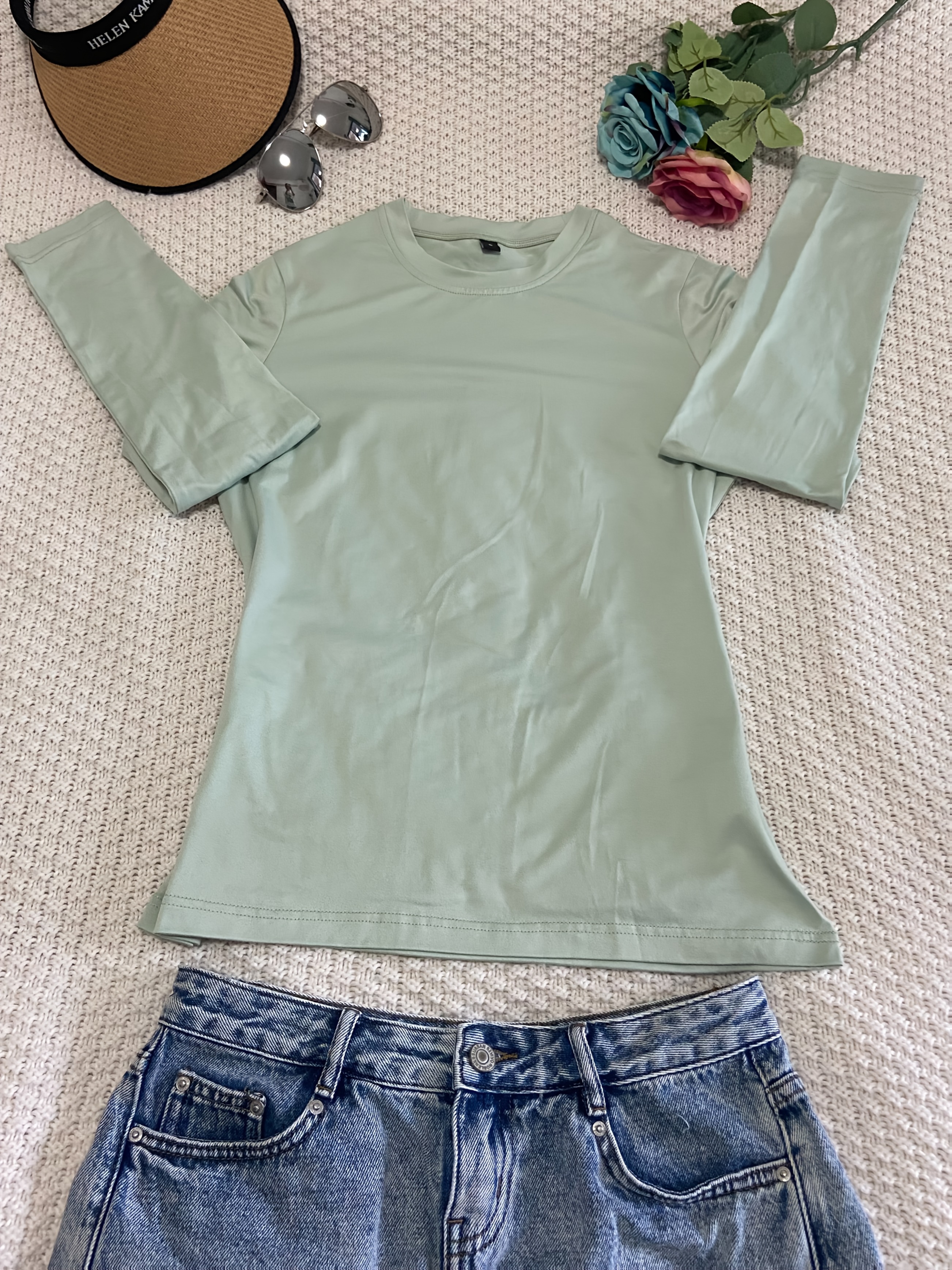Green Solid Long Sleeve Round Neck T-Shirt