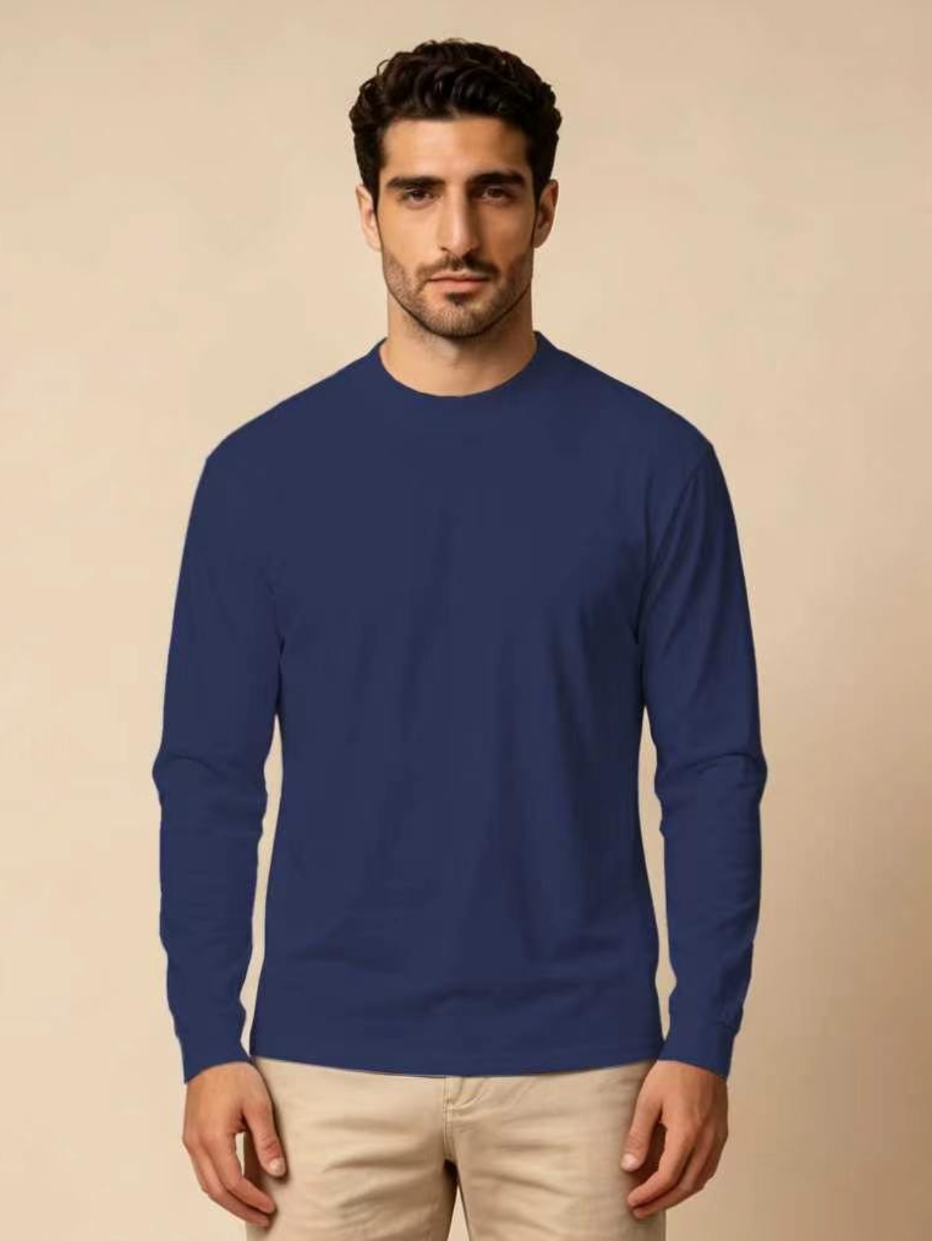 Navy Blue Solid Crew Neck Long Sleeve T-Shirt