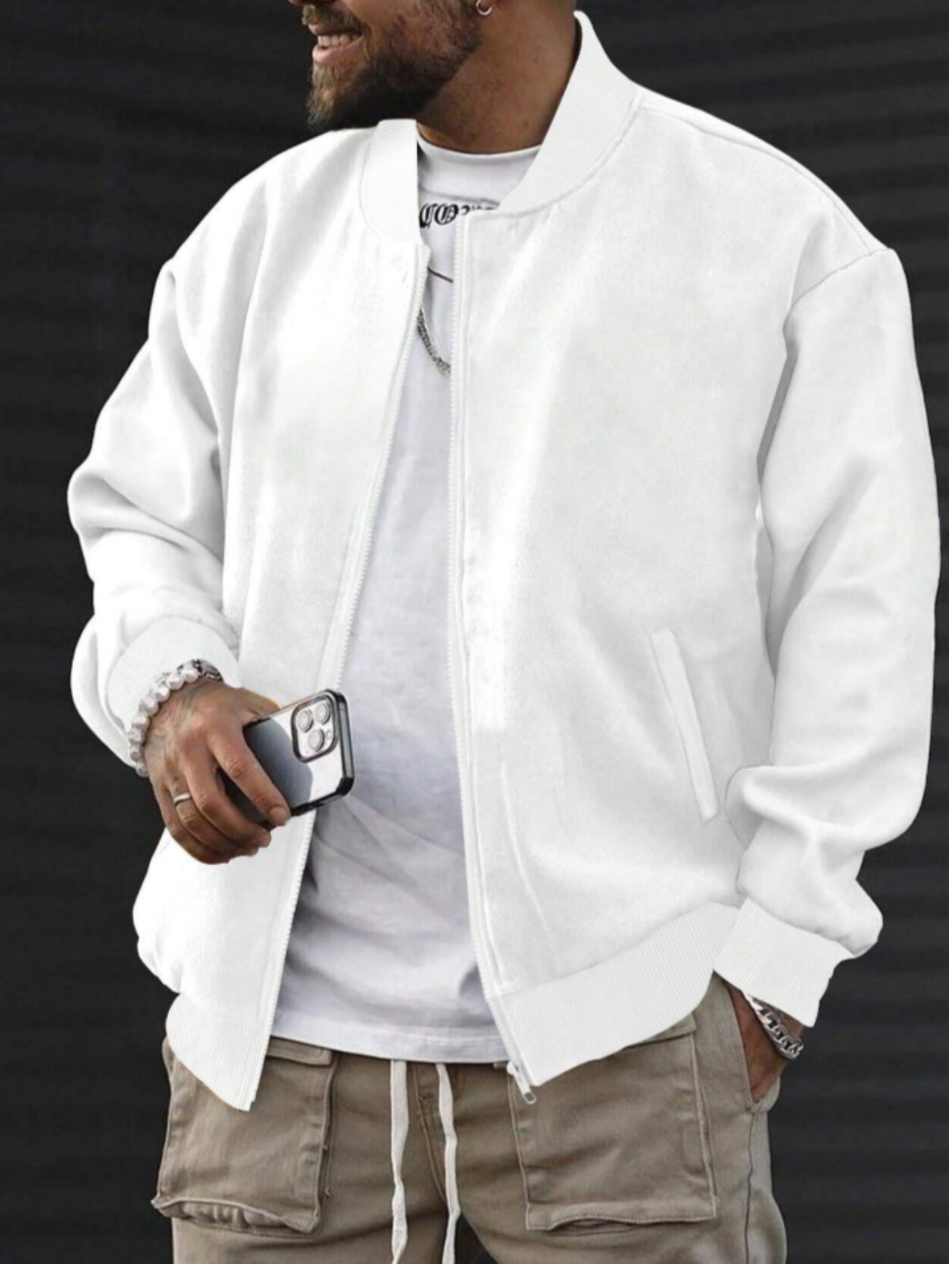 White Solid Zip-Up Bomber Jacket
