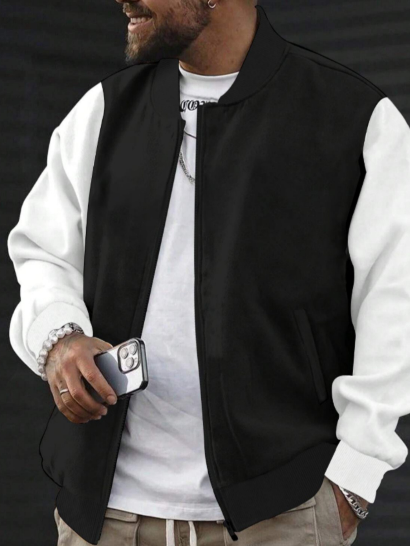 Black Cotrast Sleeves Zip-Up Bomber Jacket