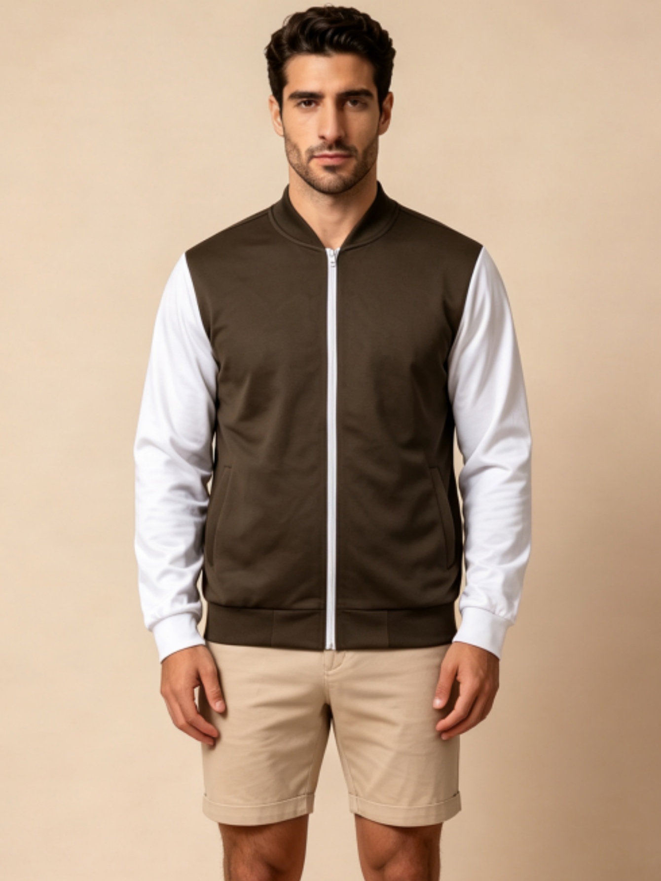 Olive Contrast Sleeves Zip-Up Bomber Jacket