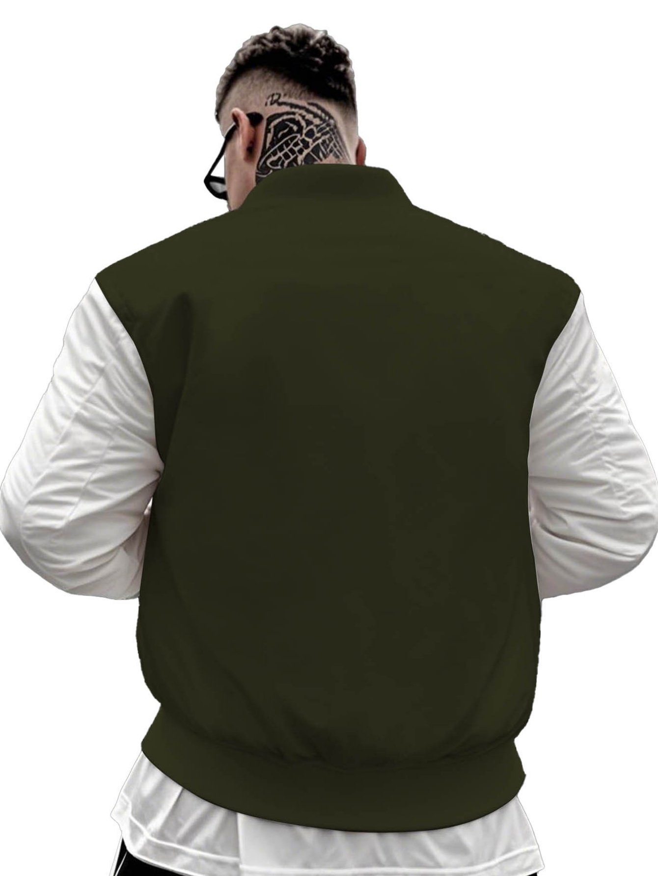 Olive Contrast Sleeves Zip-Up Bomber Jacket