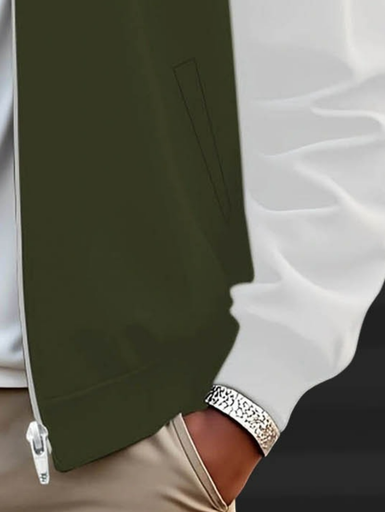 Olive Contrast Sleeves Zip-Up Bomber Jacket