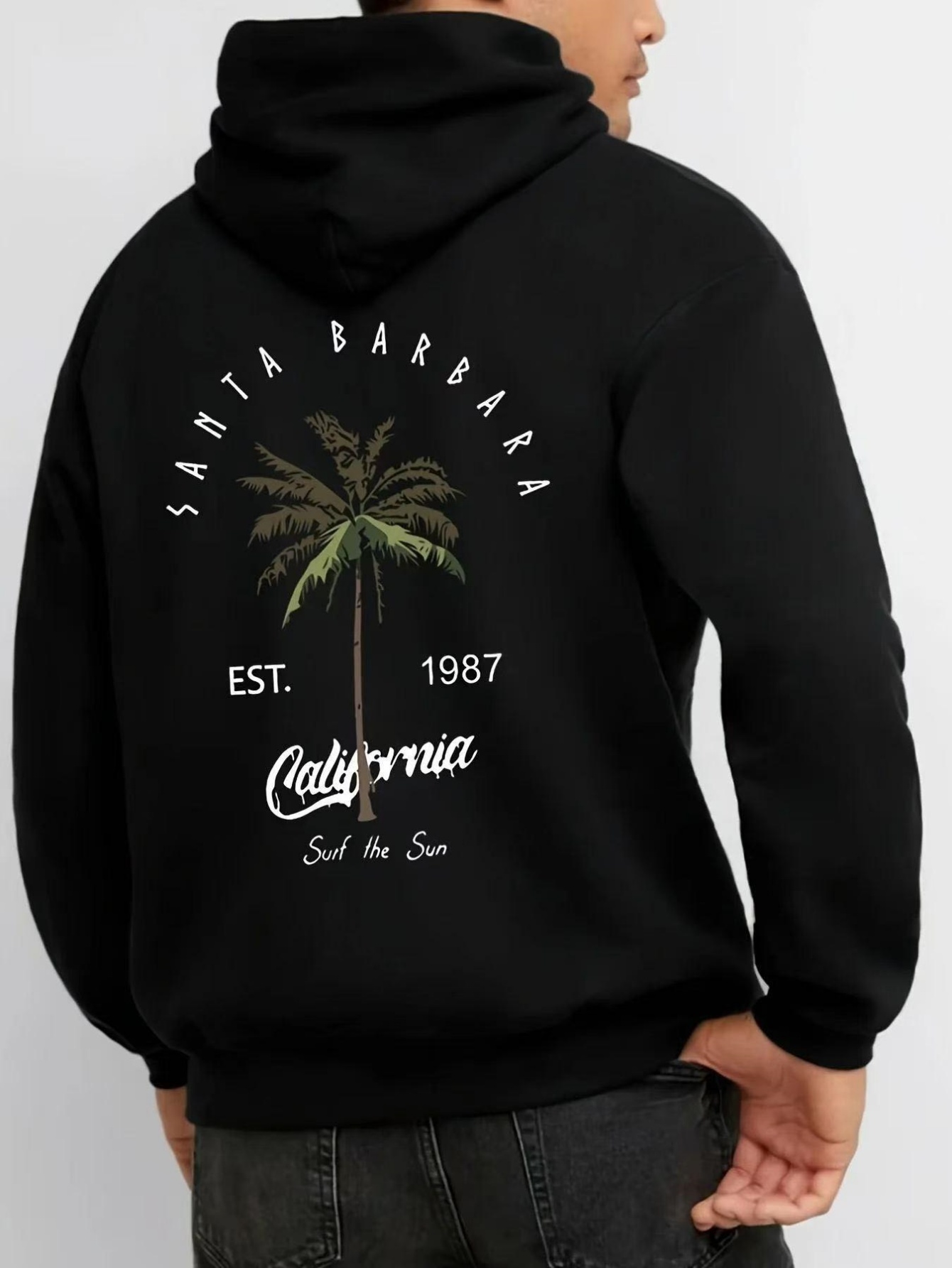 Black Pullover Hoodie with Santa Barbara Palm Tree Print