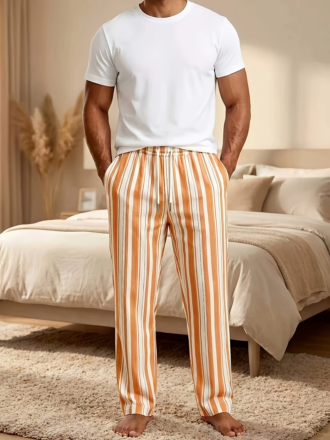 Men Striped Drawstring Casual Trousers