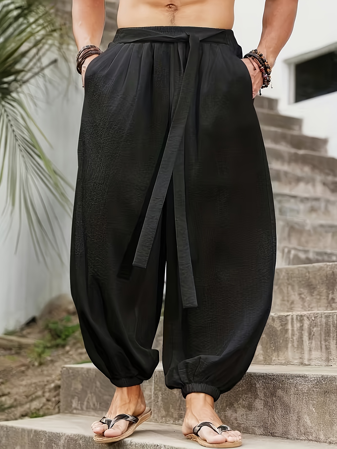 Men Black Harem Trousers with Tie Waist