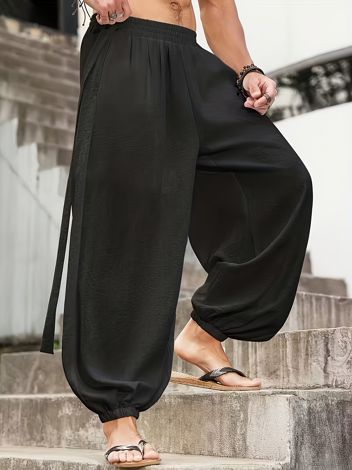 Men Black Harem Trousers with Tie Waist