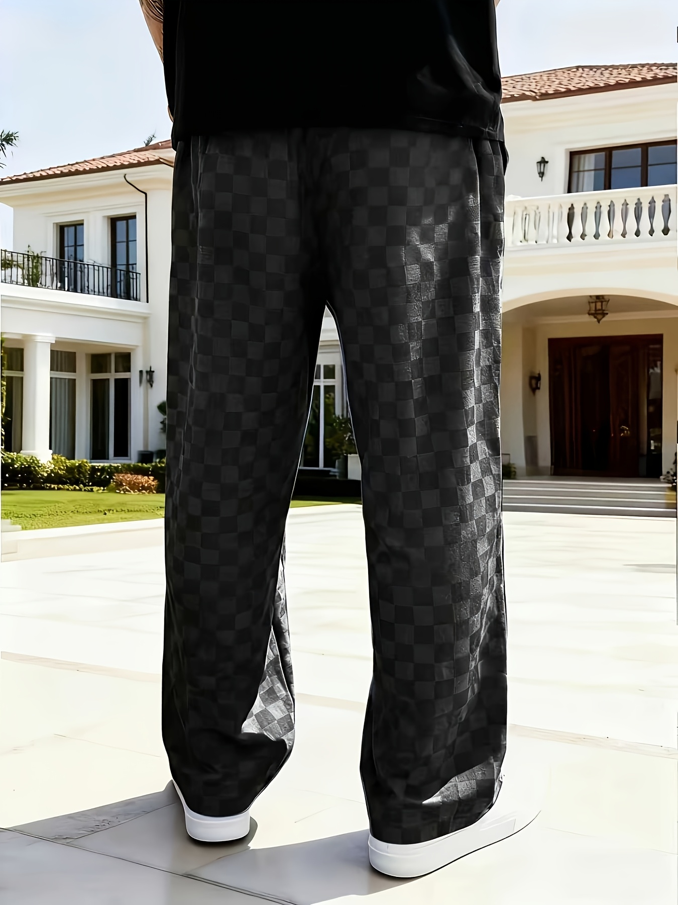 Men Black Checkered Drawstring Trousers