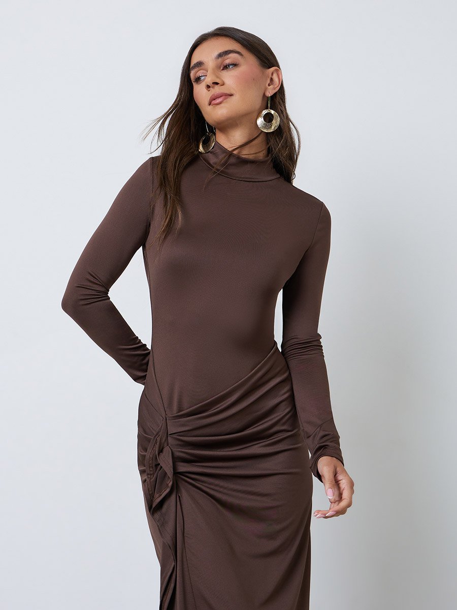 Brown A-Line Maxi  Dress with Draped Ruffle Detail