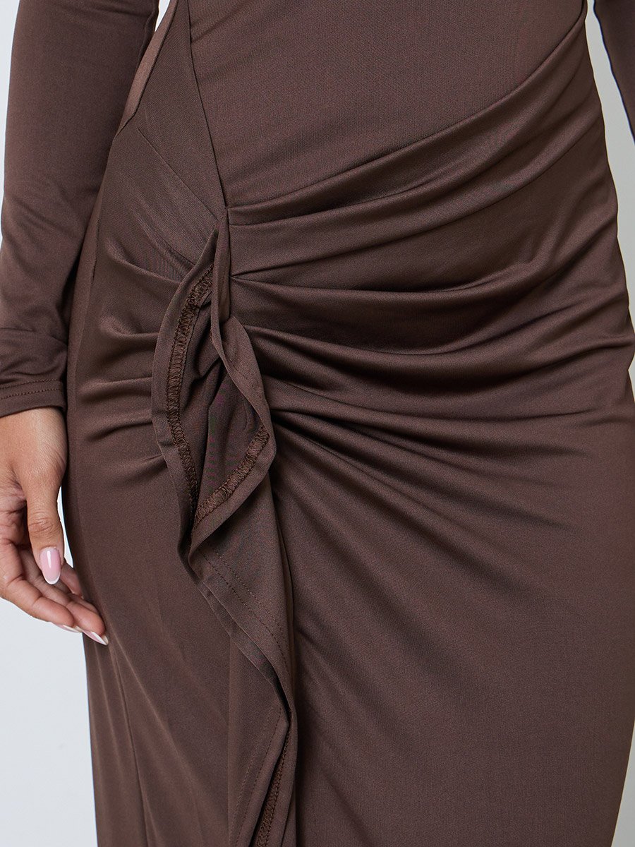 Brown A-Line Maxi  Dress with Draped Ruffle Detail