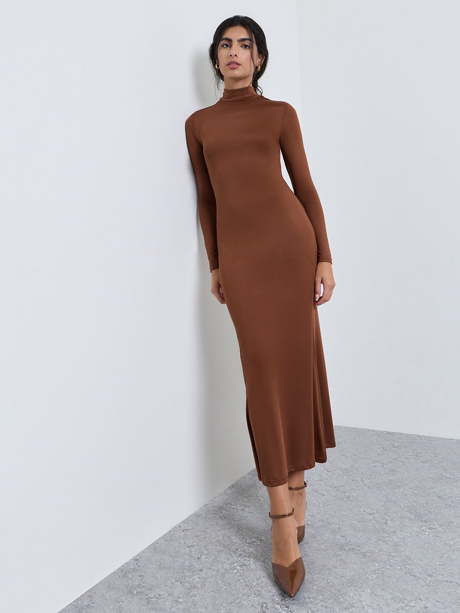 Brown Long Sleeve Mermaid Maxi Evening Dress