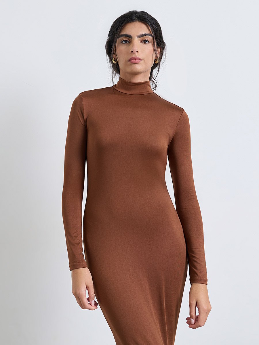 Brown Long Sleeve Mermaid Maxi Evening Dress