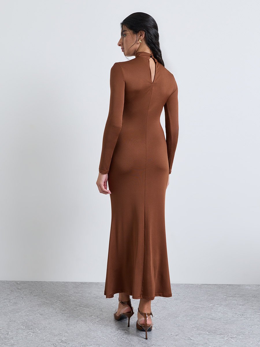 Brown Long Sleeve Mermaid Maxi Evening Dress