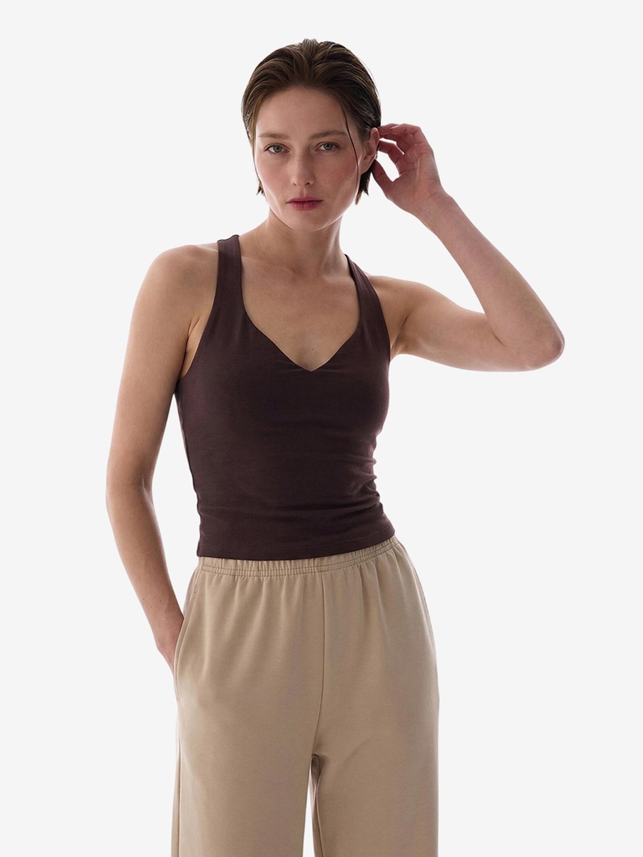 Cotton Modal Blend Twisted Back Brown Tank Top