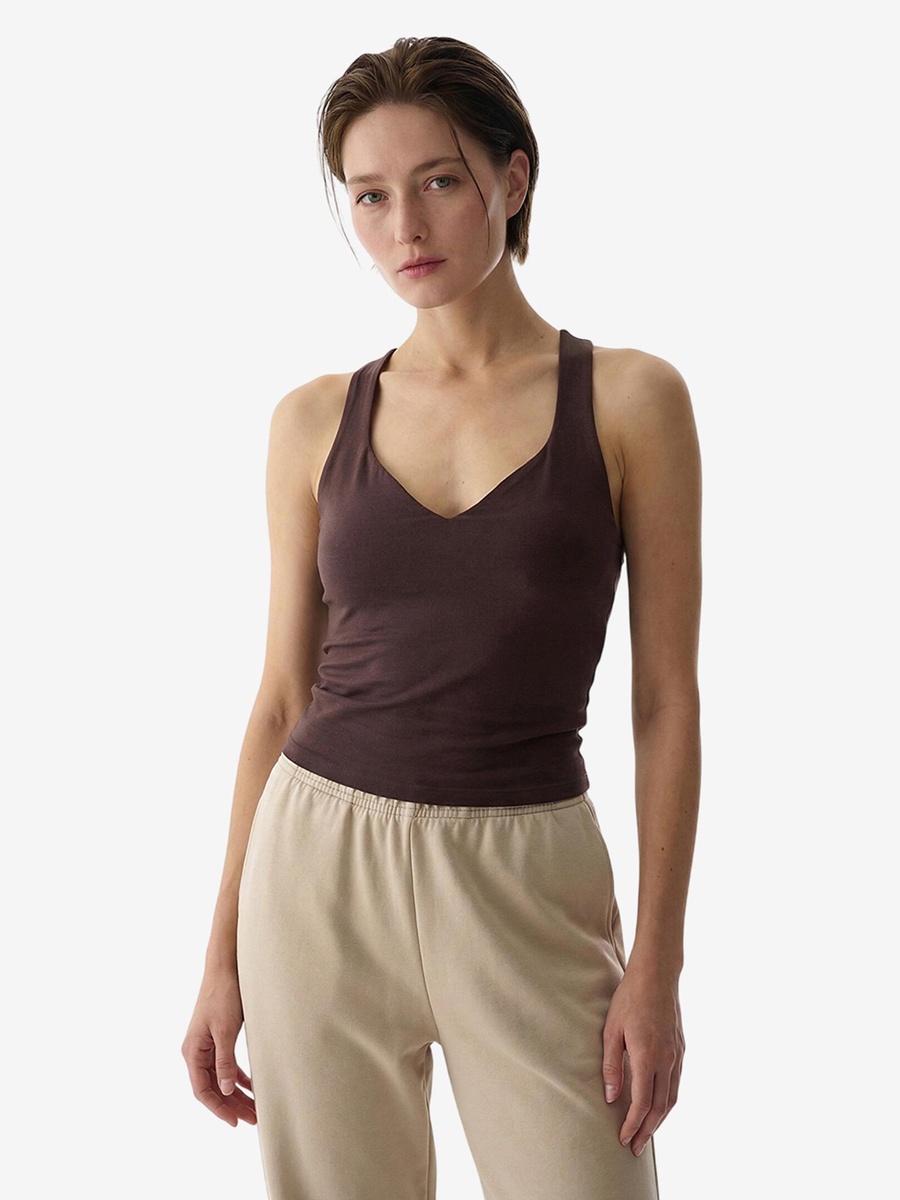 Cotton Modal Blend Twisted Back Brown Tank Top