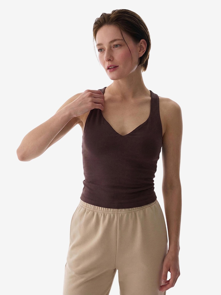 Cotton Modal Blend Twisted Back Brown Tank Top
