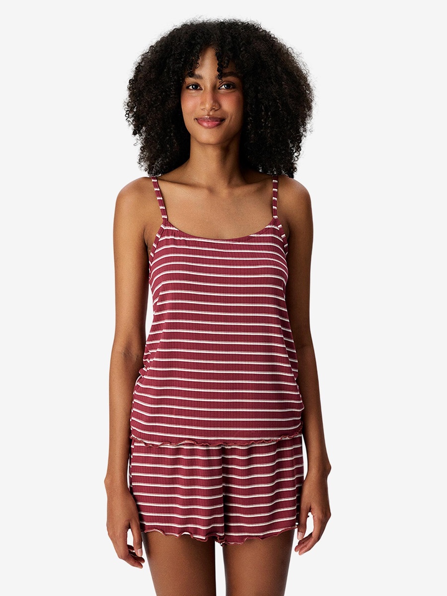 Maroon Striped Cami and Shorts Bordeaux Set