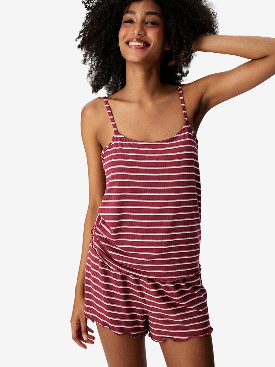 Maroon Striped Cami and Shorts Bordeaux Set