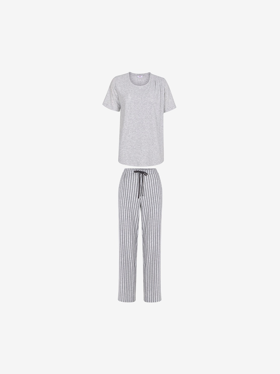 Solid Short Sleeve T-Shirt and Striped Pyjama Set