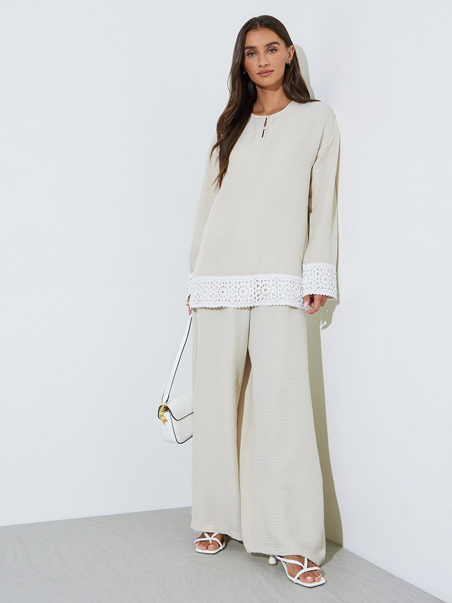 Beige Solid Lace Trims Blouse and Wide leg Trousers Co-Ord Set